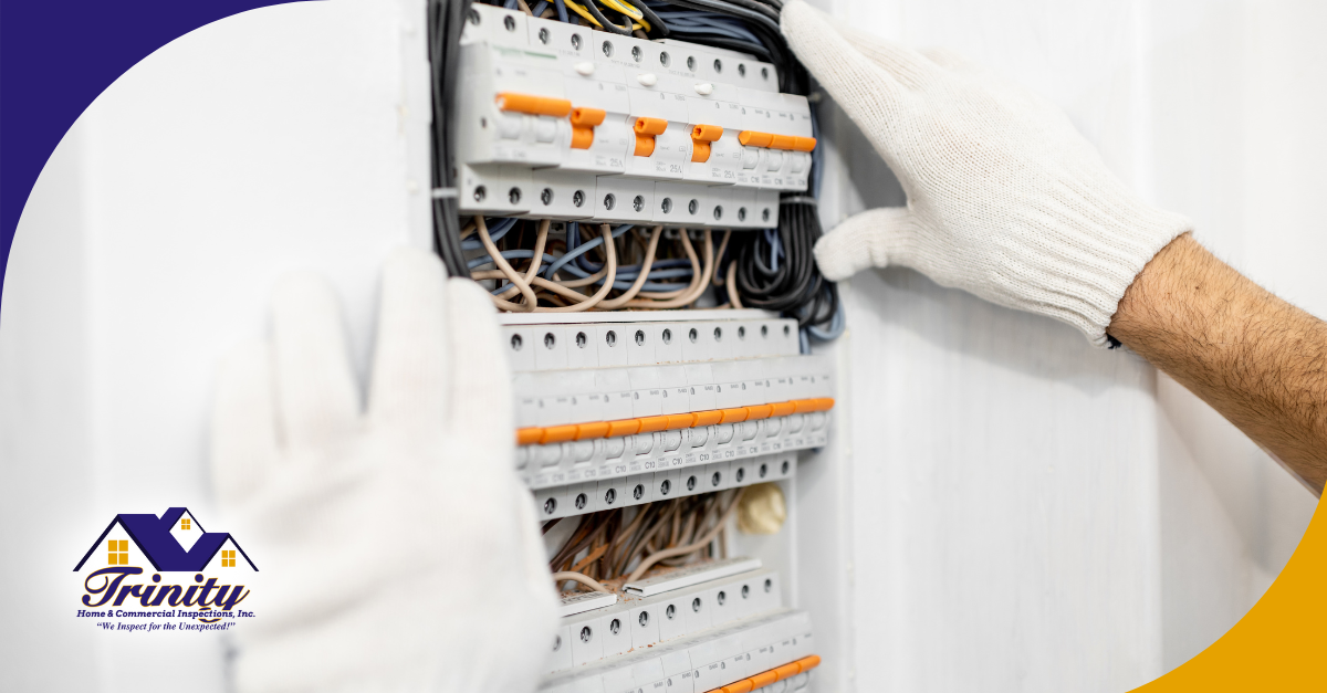 Home inspector inspecting a circuit breaker panel with gloves during a home inspection