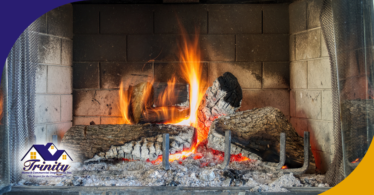 A roaring fire burns brightly in a stone fireplace, with logs cracked and smoldering.